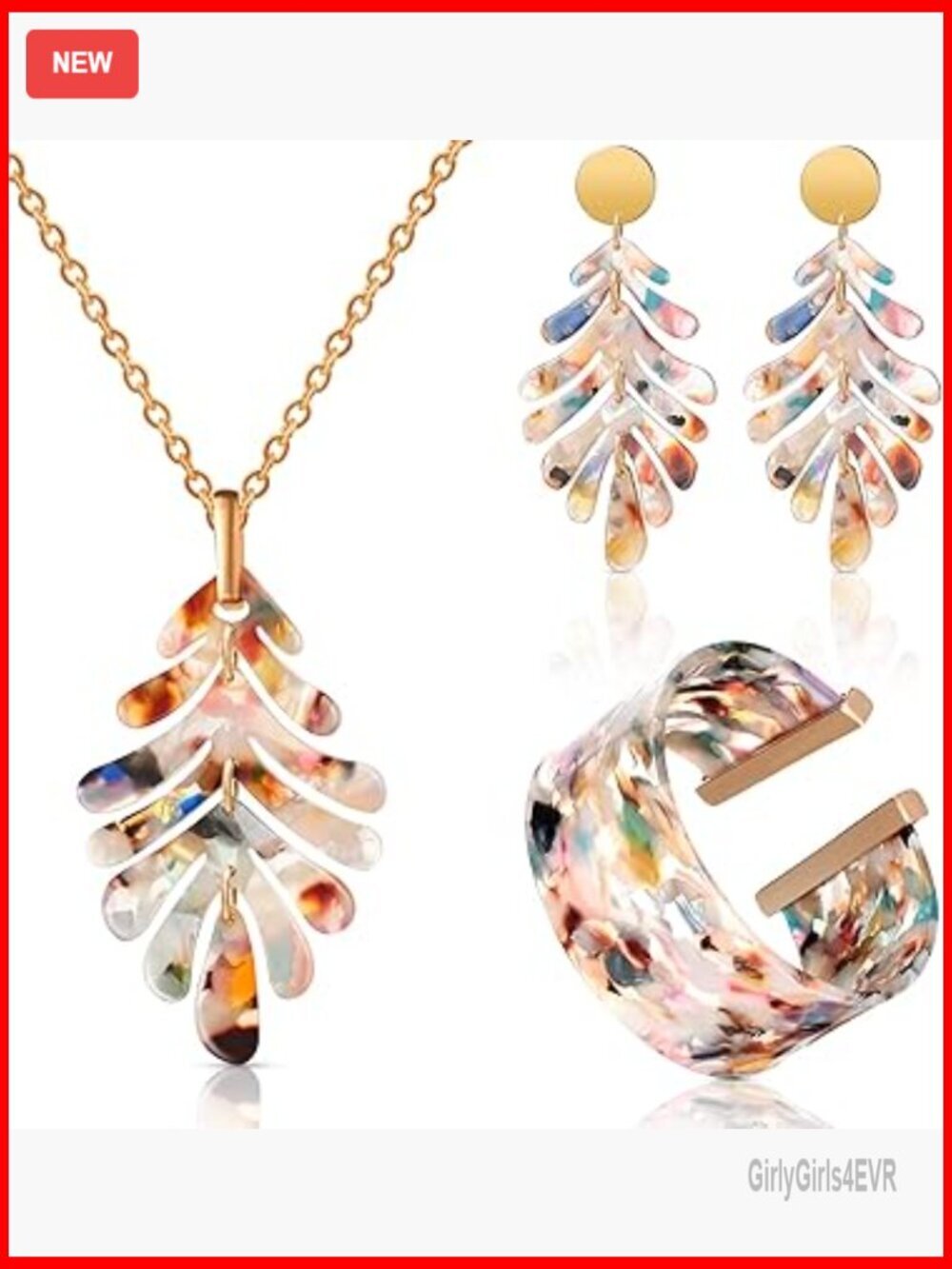 Acrylic Statement Jewelry Set with Leaf Earrings Necklace Bracelet